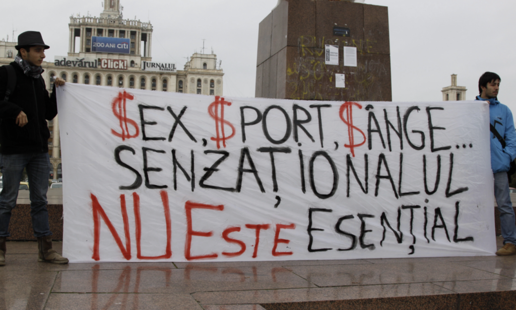“$ex, $port, Blood…Sentimentality is not essential". During the "Violence is not entertainment!" protest in Bucharest, in November 2012. | Photo source: Front Association