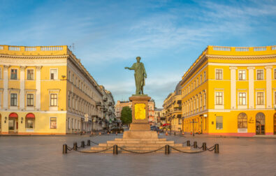 Giant staircase and Monument to Duc de Richelieu on Primorsky Boulevard in the city of Odessa, Ukraine. Panoramic view in a summer morning
