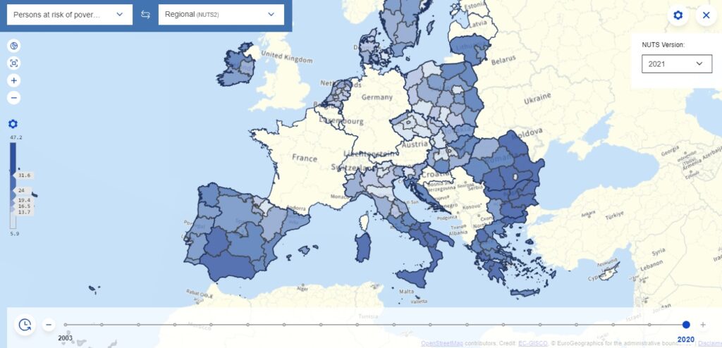 Share of the total population which is either at risk of poverty or severely materially and socially deprived or living in a household with a very low work intensity in 2020. Data provided by The EU Rural Observatory. 