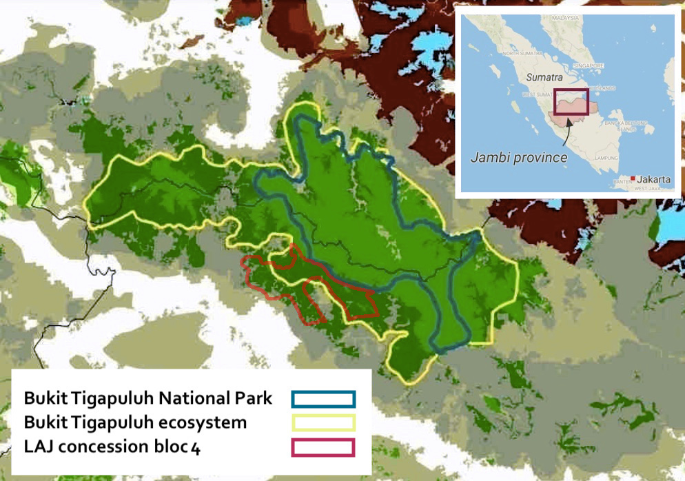 El ecosistema forestal de Bukit Tigapuluh (línea amarilla), incluido el parque nacional del mismo nombre (línea azul) y los bosques circundantes (verde), según la propuesta de WWF y las ONG locales en 2009 para preservar la biodiversidad y los sumideros de carbono, y reconocido en principio por las autoridades indonesias. La línea roja indica el bloque 4 de la concesión LAJ, que se superpone en parte al ecosistema forestal. | Fuente : KKI Warsi / Sociedad Zoológica de Fráncfort / Ojos en el Bosque / WWF-Indonesia
