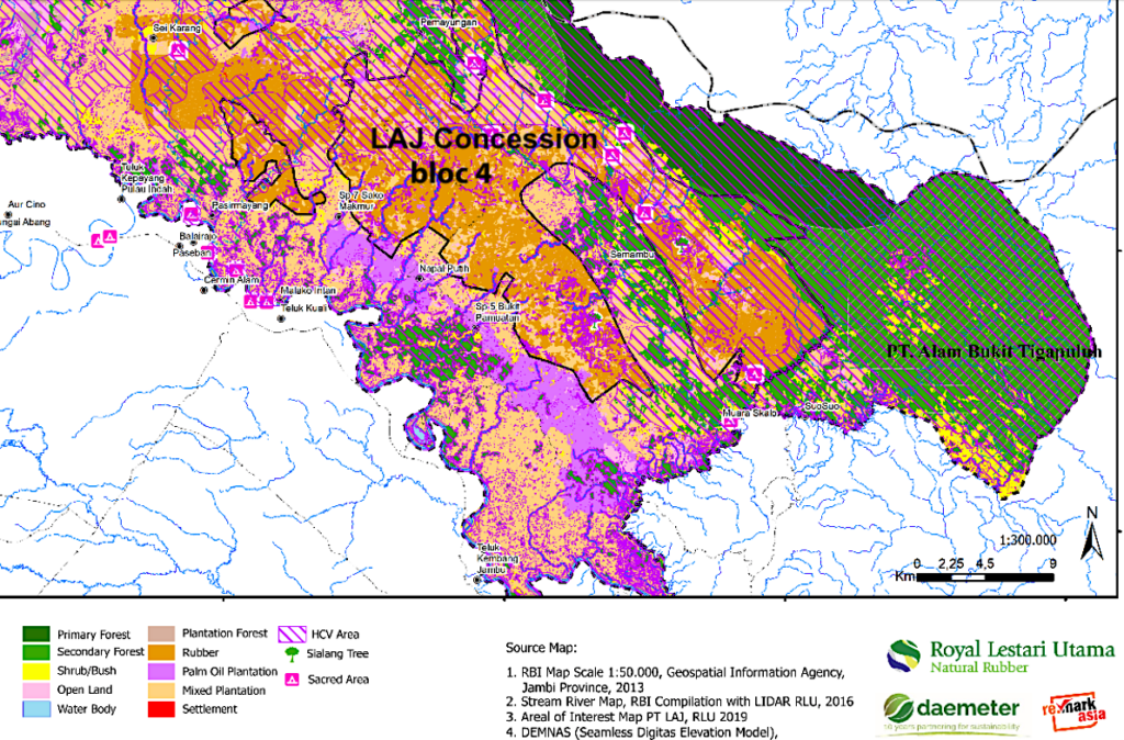 Détail d'une carte montrant qu'une grande partie de la zone à haute valeurs de conservation (HCV) dans la concession LAJ est occupée par des plantations d'hévéas (en orange). | Source : Daemeter