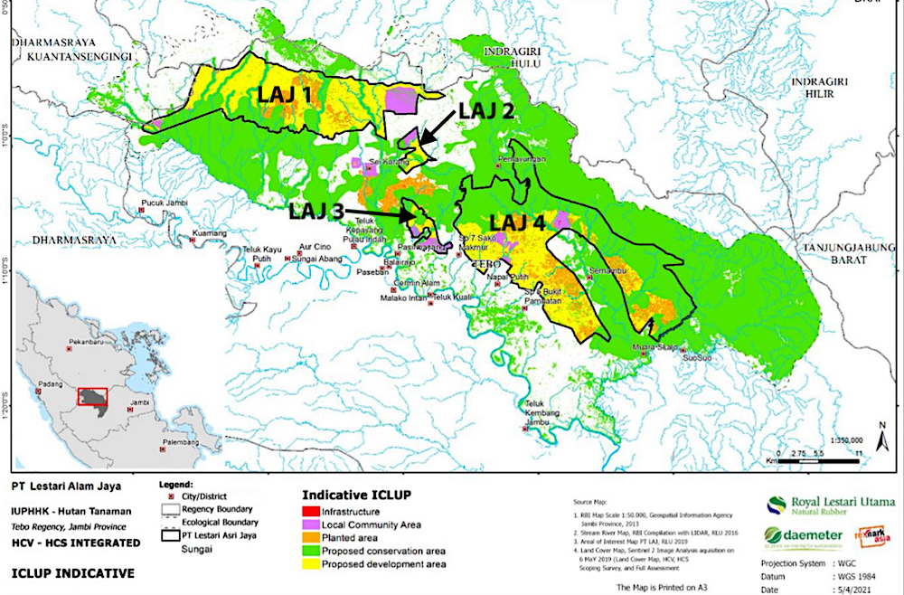 Carte montrant que les plantations d'hévéas de RLU (en jaune) sont toujours en cours dans la zone de conservation de la faune (WCA) à l'intérieur de la zone à haute valeurs de conservation (HCV, en vert) au sein de la concession LAJ. | Source : Daemeter