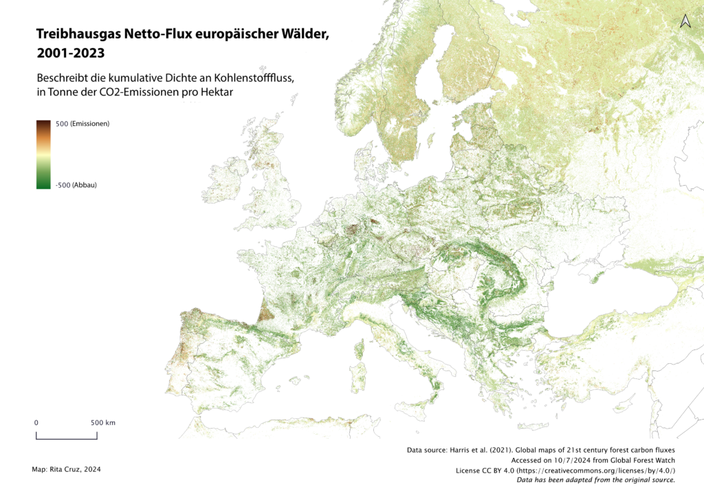 Treibhausgas Netto-Flux europäischer Wälder , 2001-2023