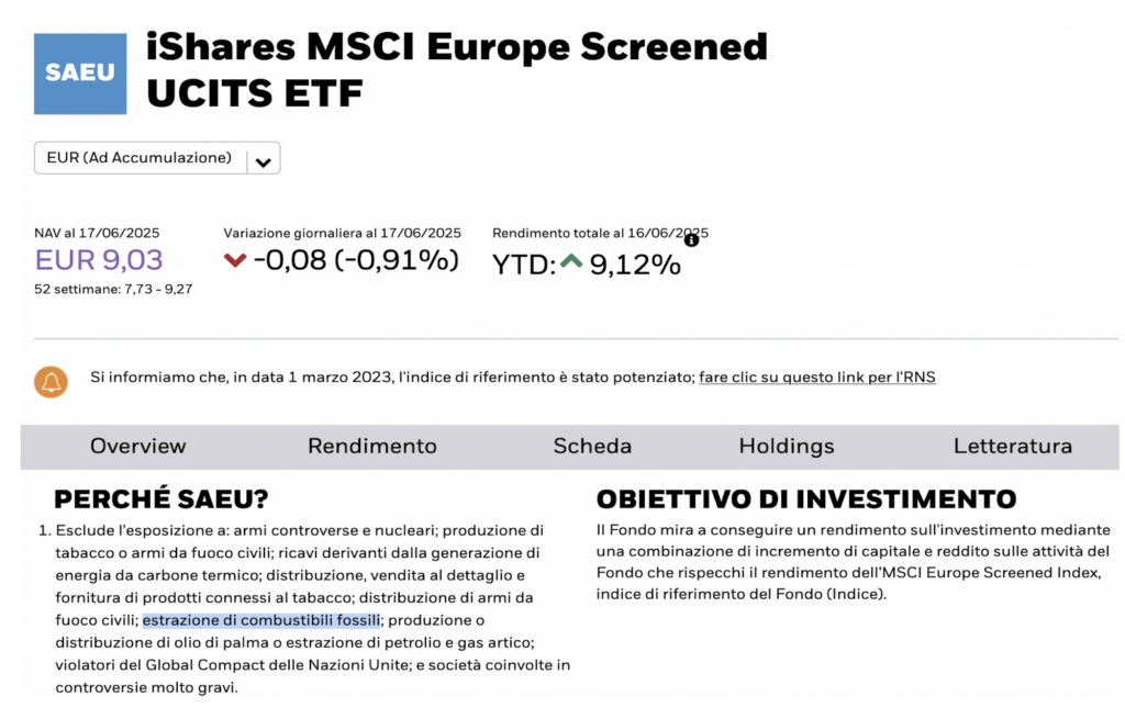 Screenshot of the prospectus for the iShares MSCI Europe Screened UCITS ETF: BlackRock states that it excludes “fossil-fuel extraction” from its investments. | Source: iShares.com