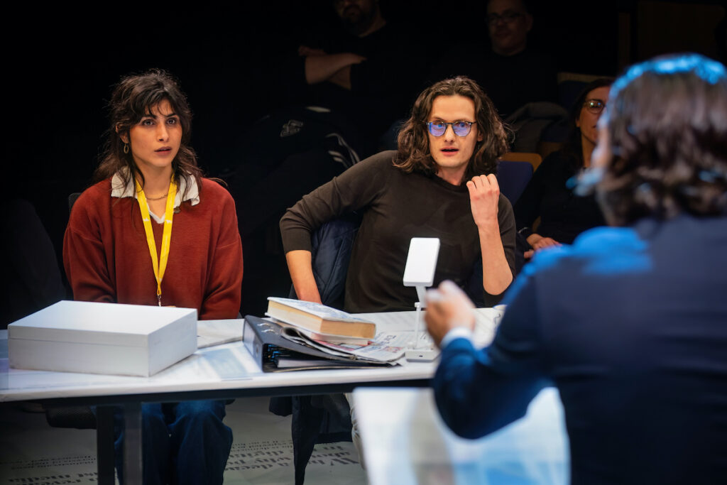 The Journalists (Michela Farrugia and Mark Zammit) face the Politician (Philip Leone-Ganado). | Photo: ©Elisa von Brockdorff