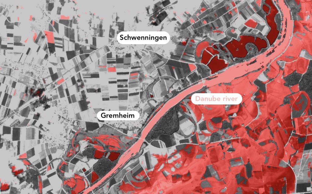 Tapfheim (Germany). Flooding between 1-15 June 2024. | Copernicus Sentinel-2/Google Earth Engine by Tom Brown