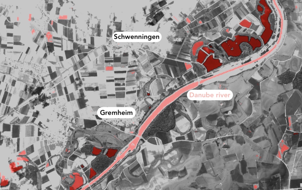 Tapfheim (Germany). Flooding between 1-15 June 2024. | Copernicus Sentinel-2/Google Earth Engine by Tom Brown