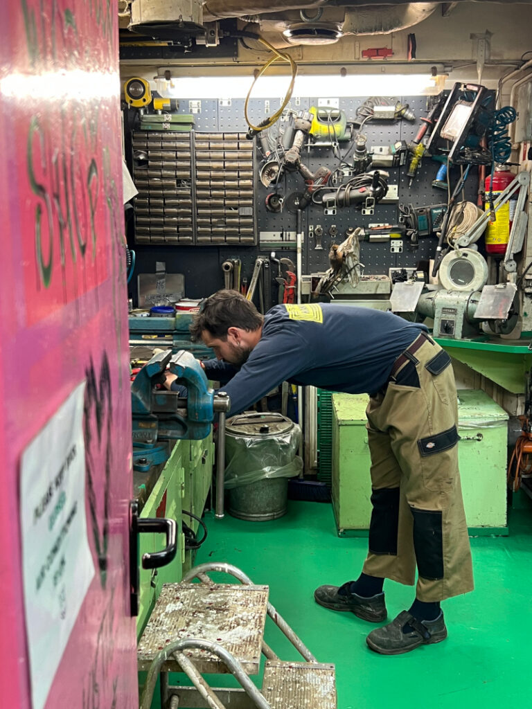 While the ship remains stuck in port, the crew keep themselves busy with daily tasks. | Photo: Marta Abbà