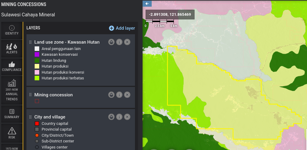 Cahaya (above) and Hengjaya mining concessions in Sulawesi (Indonesia). | Source: The TreeMap – Based on the 2020 Indonesian Ministry of Environment and Forestry (KLHK) land cover classification
