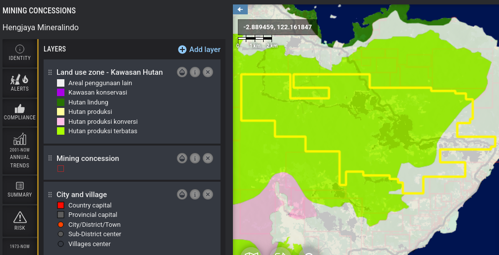 Cahaya (above) and Hengjaya mining concessions in Sulawesi (Indonesia). | Source: The TreeMap – Based on the 2020 Indonesian Ministry of Environment and Forestry (KLHK) land cover classification